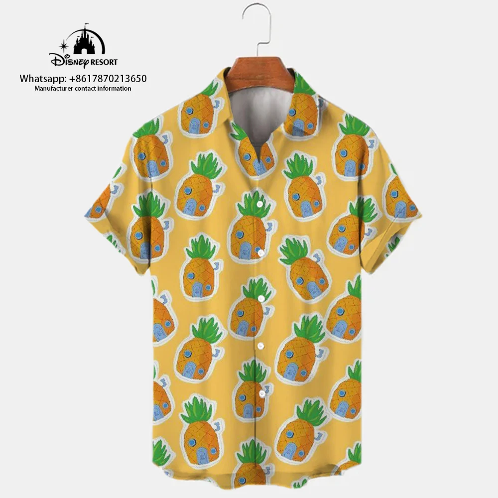 2023 Men\'s New Lapel Short Sleeve Single-Breasted Shirt Summer Spongebob Pattern Print Harajuku Casual Street Versatile Shirt