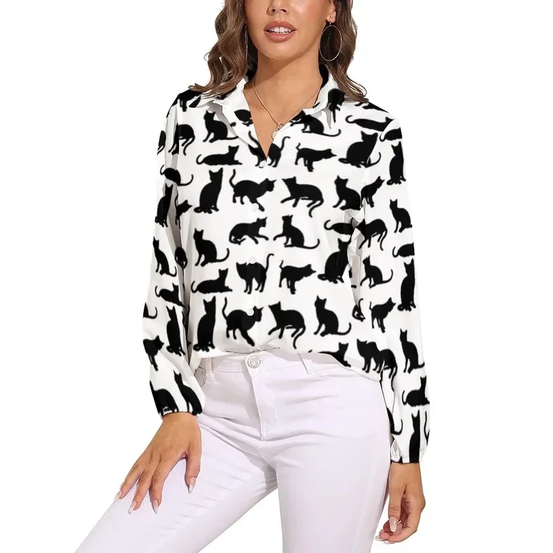 Black cat blouse for women, loose-fitting blouses with cute classic cat print, long-sleeved Kawaii shirts, clothing