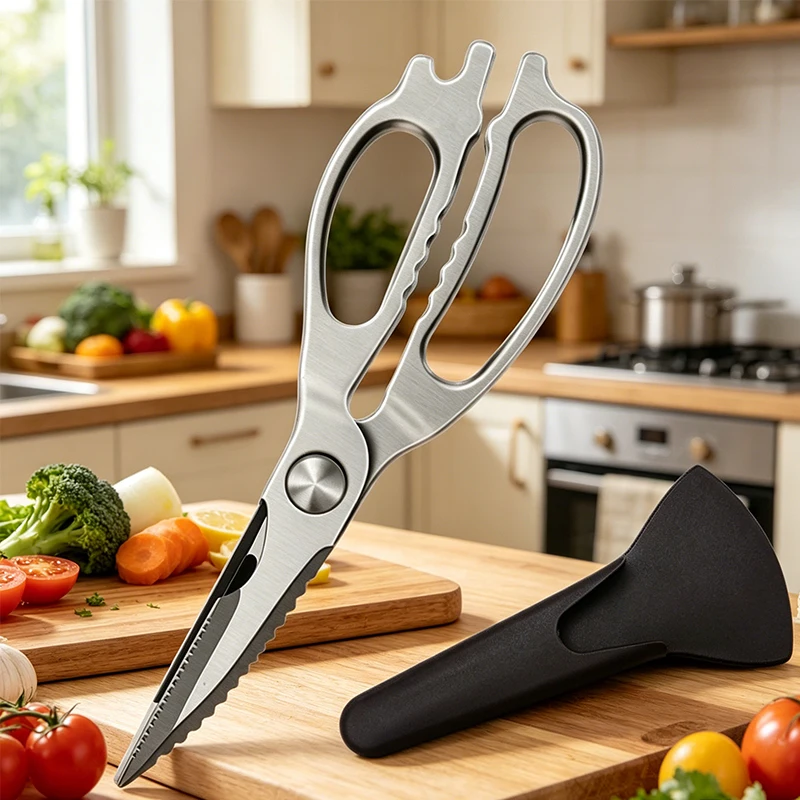 Multifunctional Kitchen Scissors Stainless Steel Chicken Bone Shears With Protective Magnetic Sheath