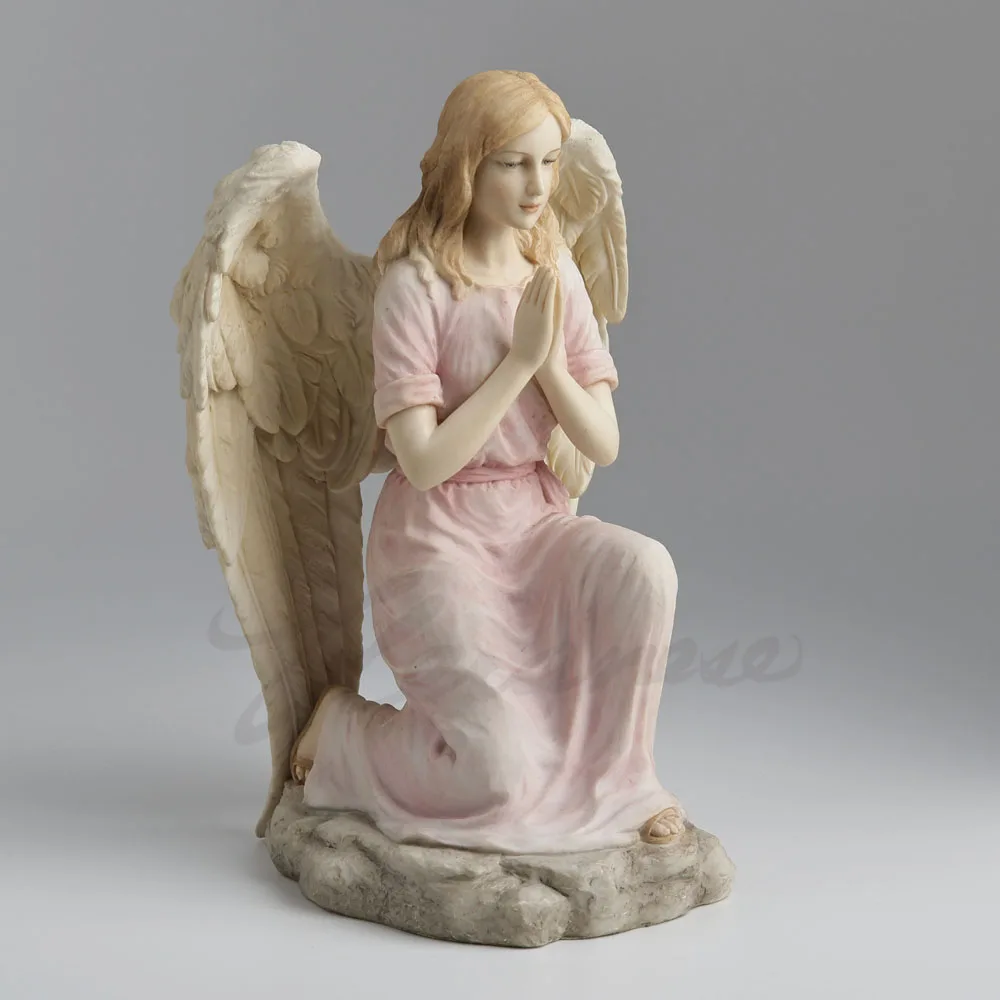 Resin Kneeling Praying Angel Statue Pastel Pink Robe Large Carved Wings Rock‑Shaped Base Religious Sculpture Home Decor Ornament