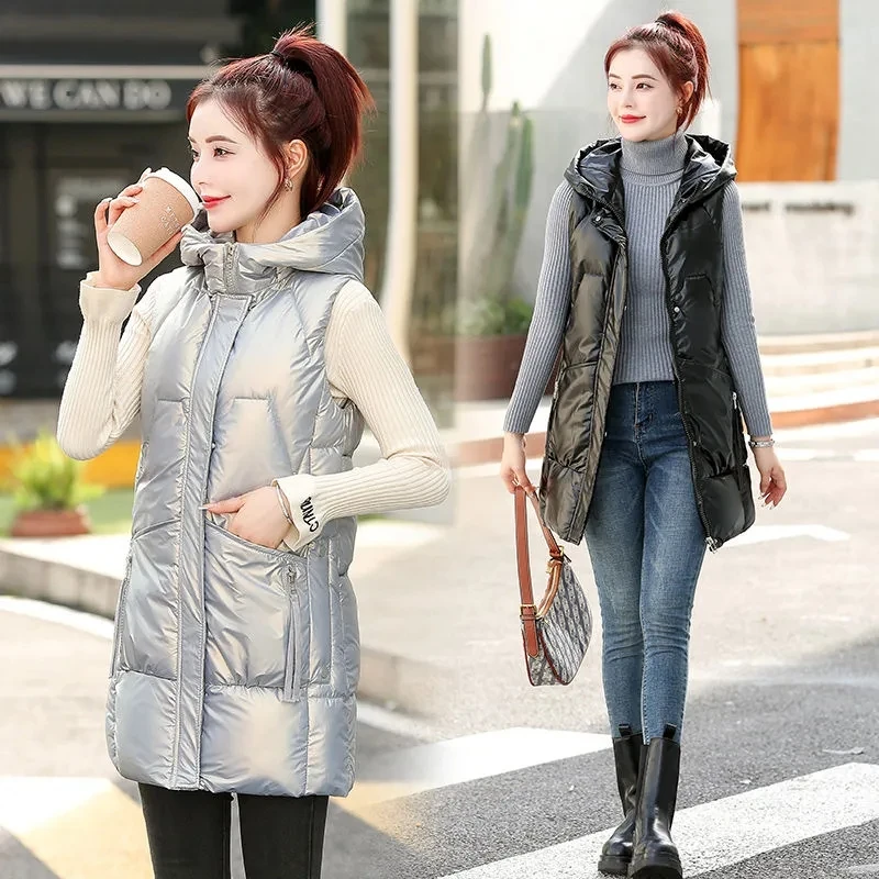 

Chic Glossy Down Cotton Waistcoat 2023 New Autumn Winter Hooded Cotton Vests Coat Womens Jacket Sleeveless Outwear Puffer Parkas