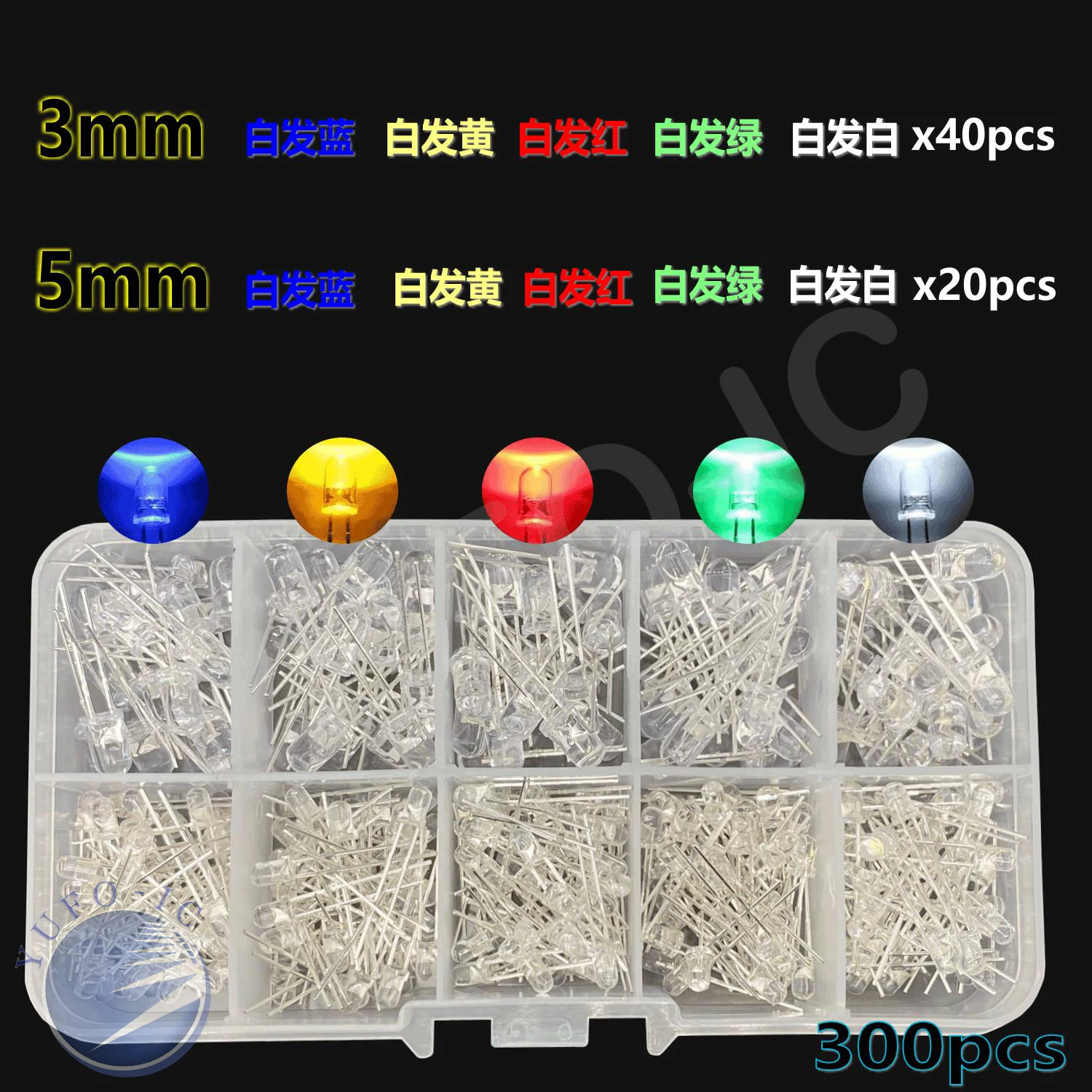 1box 5Color F3+F5mm LED kit-Transparent Cover Light Emitting Diode Red Yellow Blue Green White 3mm & 5mm Assorted Mix Colour