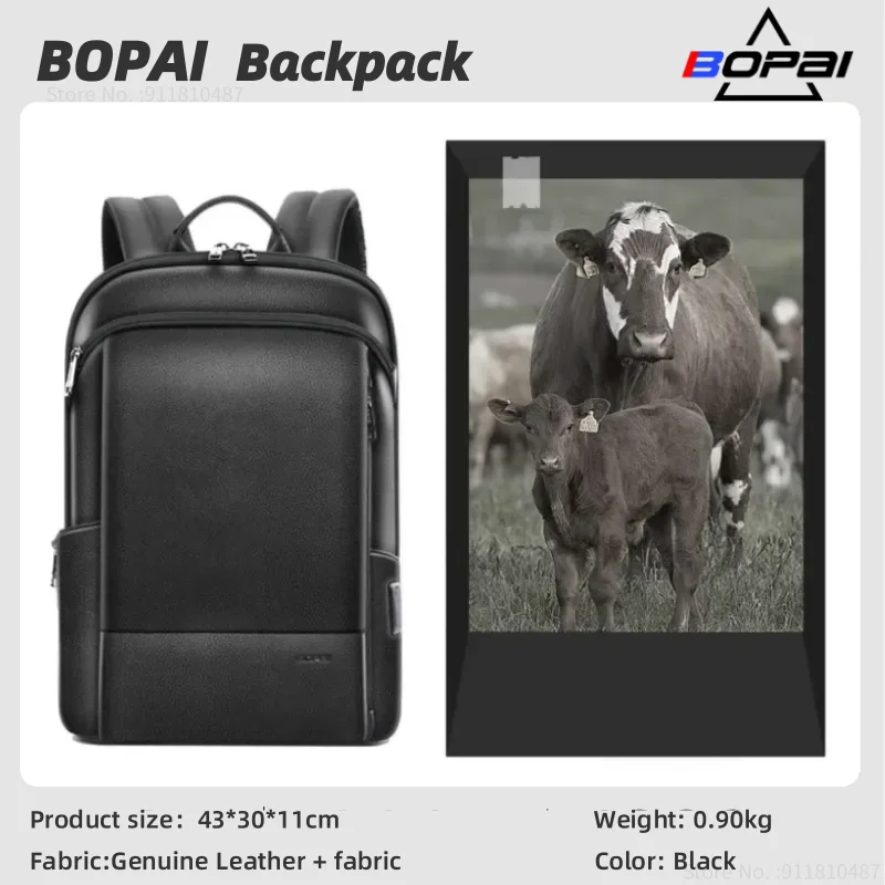 

BOPAI Genuine Leather Backpack Men 100% Natural cowhide Business Travel Bag Slim Laptop USB Charging Anti-Theft Backpack School