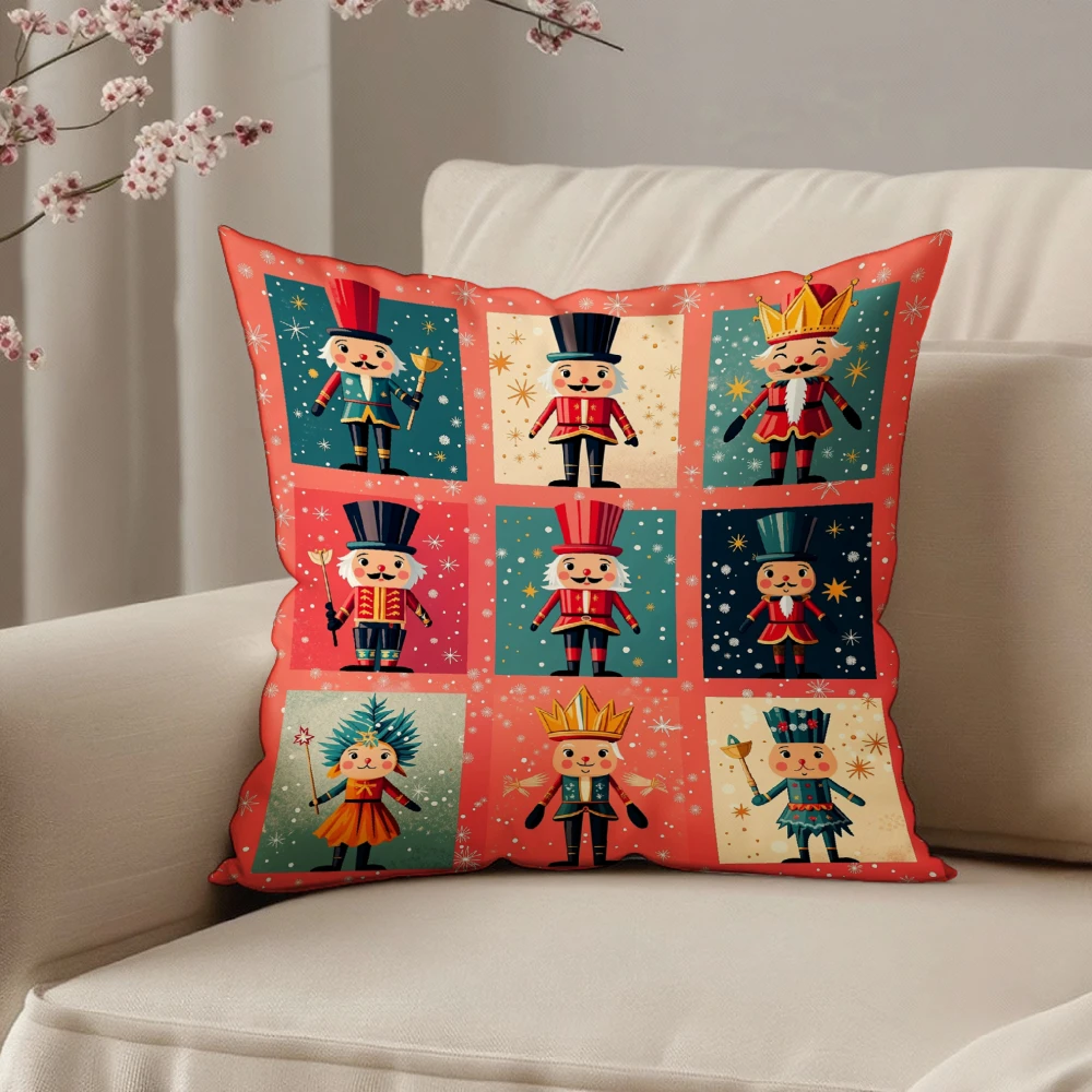 Square Throw Pillow Cover Red Vintage Nutcracker Soldier Pattern Decorative Cushion Case For Christmas Home Sofa Bedroom Living