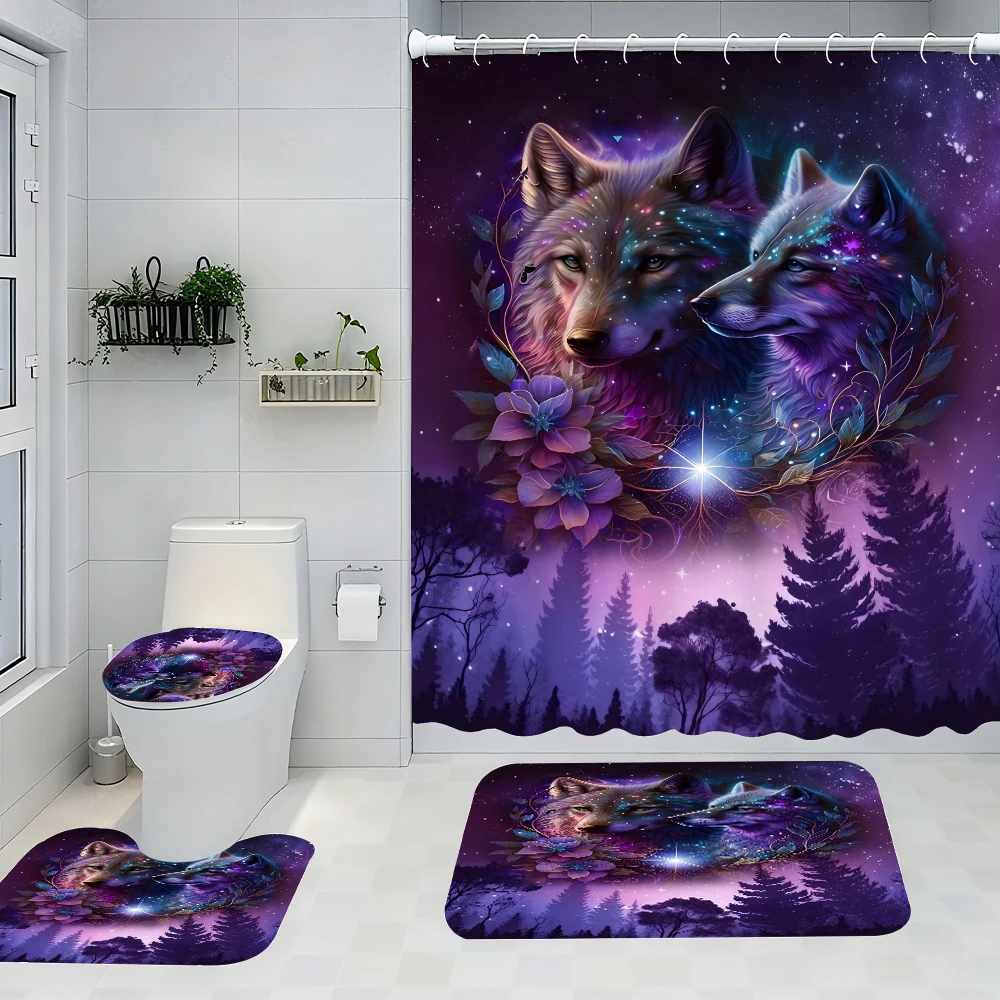 

Wolf King Bathroom Four-piece Set - Avant-garde Waterproof Shower Curtain, creating a complete bathroom kit