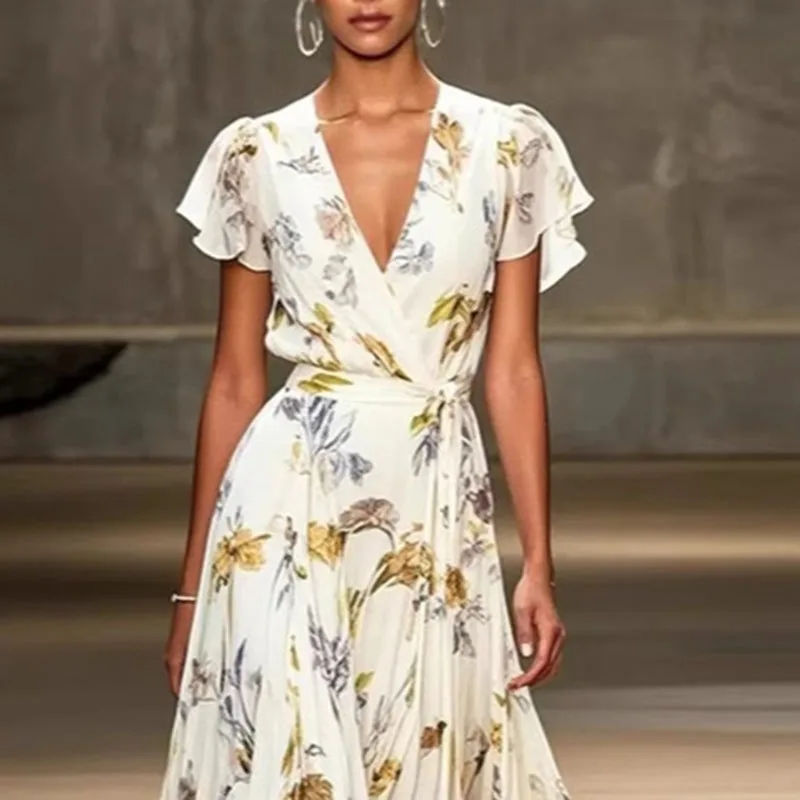 Robe portefeuille décontractée, col en V, taille haute, élégante, imprimé Floral, à volants, ligne a, manches courtes, style Boho, robes longues, printemps