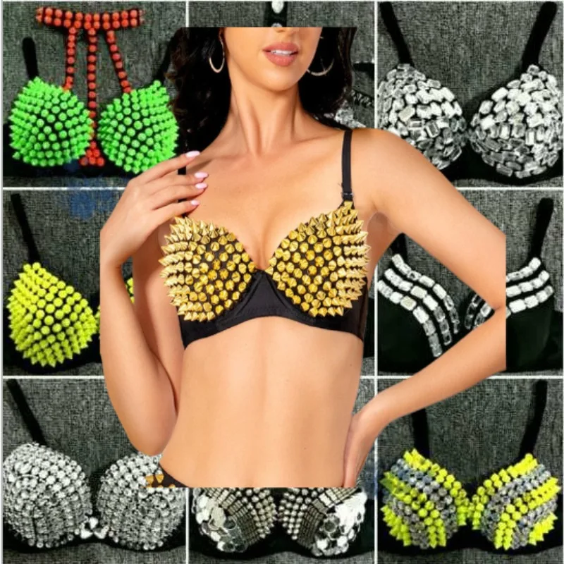 ‌Glam Rhinestone Sequin Club Bra Women Pole Dance Costume Sparkling Fringe Stage Outfit Night Out Glitter Party Wear Body