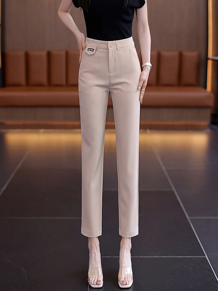 

Женские летние тонкие брюки из ледяного шелка, новинка, маленькие размеры, повседневные, с высокой талией, драпированные, укороченные, фасон «сигареты»