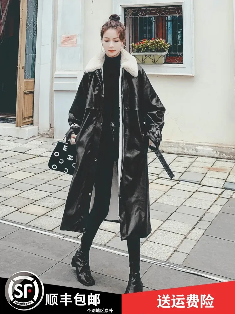 2023 Winter New Fashion Women Leather Coat blackCotton Coat Long Casual Warm Coat Korean LooseThickened Women Snow Wear Overcoat