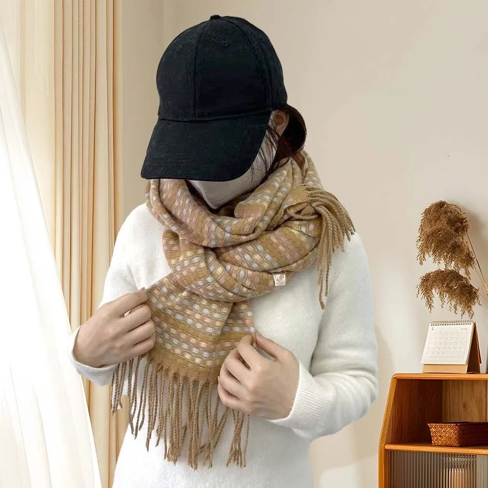 

Мягкий клетчатый шарф с допамином, антихолодный вязаный шерстяной платок в корейском стиле, длинный шейный платок из искусственного кашемира и полиэстера с кисточкой для улицы