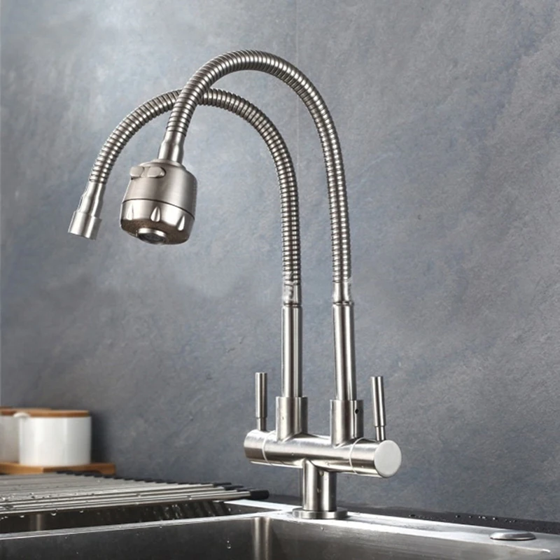 Rotatable Anti-Splash Kitchen Faucet 304 Stainless Steel Single Cold Water Universal Tube Double Pipe Outlet Faucet Sink