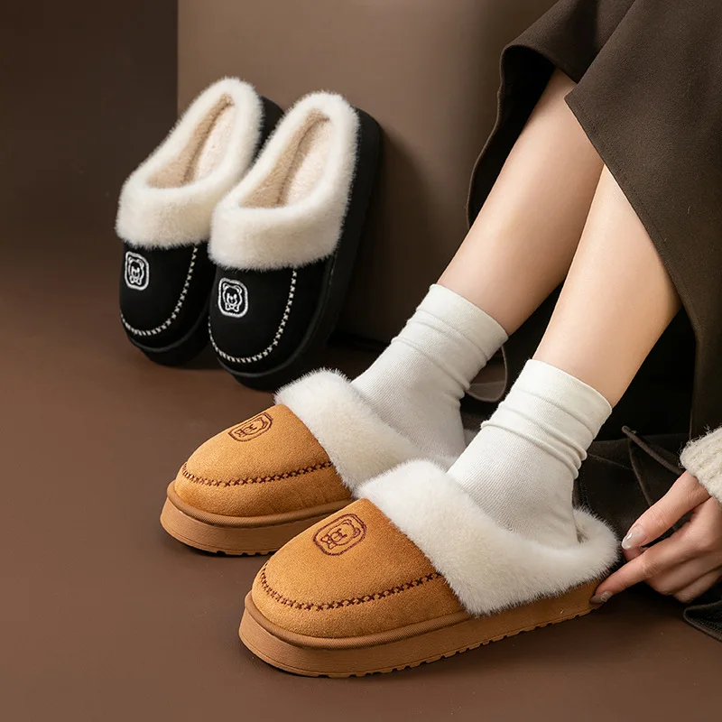 Cartoon Bear Plush Slippers for Women & Men - Winter Thick Sole House Shoes, Warm Semi-cover Booties for Couples Indoor Comfort