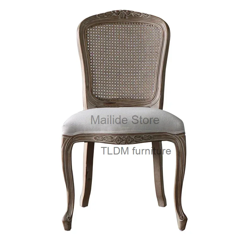 European-style Solid Wood Carved Living Room Chairs Modern Home Furniture Retro Rattan Dining Chair Mesh Backrest Sofa Chair