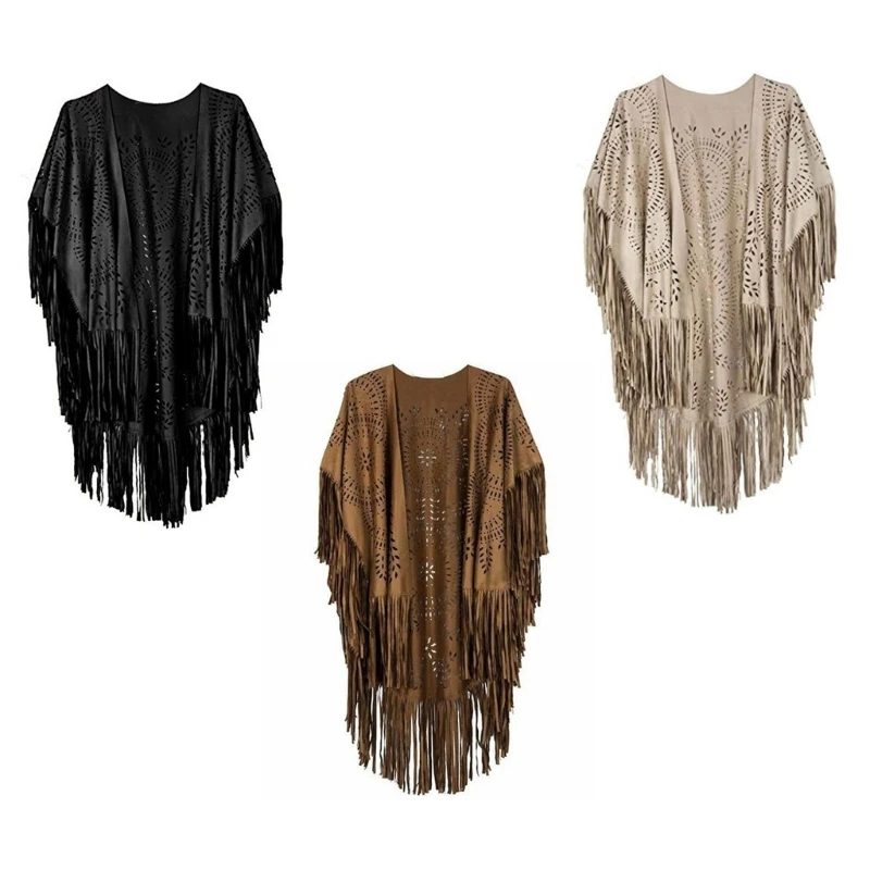 

Fringe Vest Women Faux Suede Cowgirl Costume Open Tassels Hippie Clothes 066C