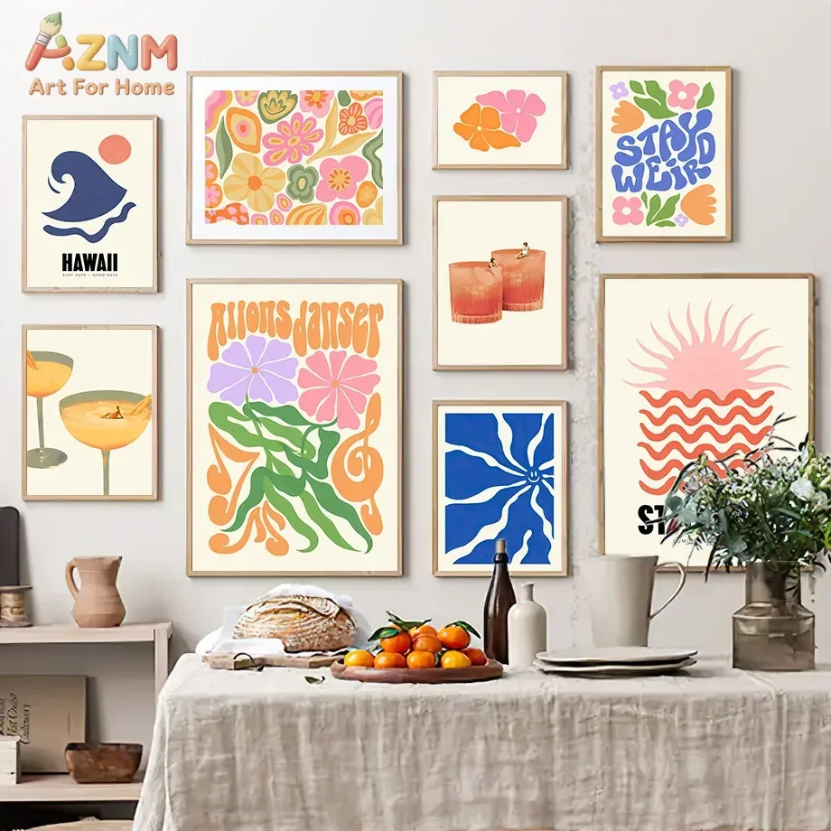 AZNM Retro Boho Canvas Wall Art Colorful Abstract Flower Wave Cocktail Sunrise French Text Print Unframed Canvas Trendy Dining R