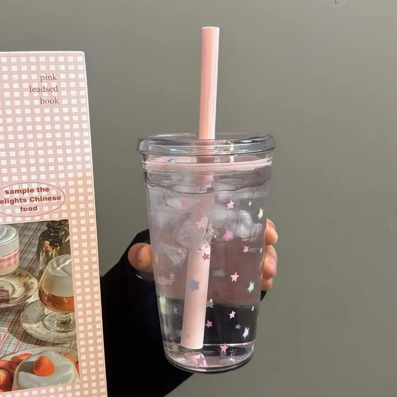 Plastic Straw Cup New 450ml Tea Coffee Milk Simple Straws Sweet Cute Star Friend Gifts