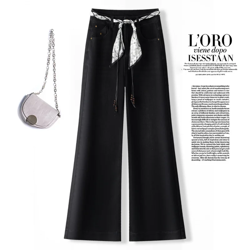 سراويل واسعة الساق متعددة الاستخدامات للنساء، سراويل خريف جديدة عالية الخصر غير رسمية فضفاضة للتخسيس من قماش الدنيم الناعم بطول الأرض عصرية