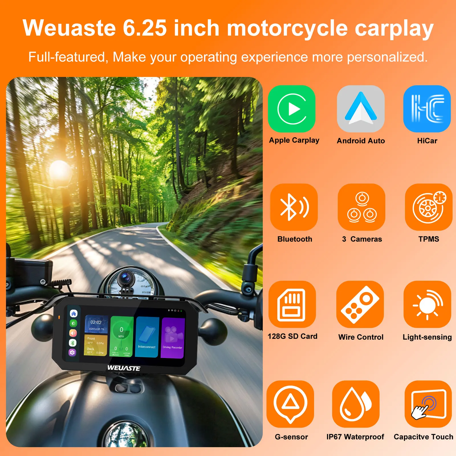 Cámara de salpicadero para motocicleta de 6,25 pulgadas TPMS Moto Carplay Android Auto 1080P pantalla HiCar Sensor de luz grabación en bucle control con cable