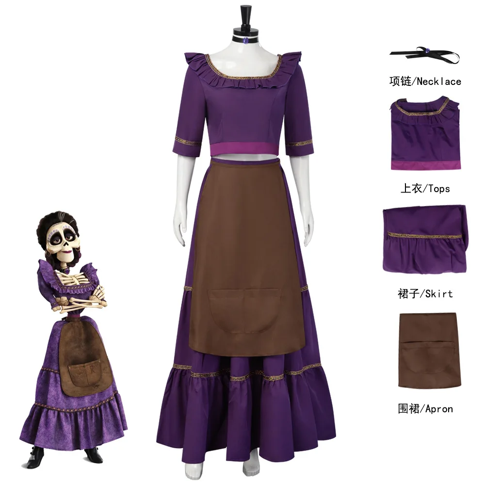 Ropa de disfraz de Halloween, trajes de moda para mujer, vestido morado de Ghost Lady Imelda, falda superior, delantal, conjunto de Cosplay