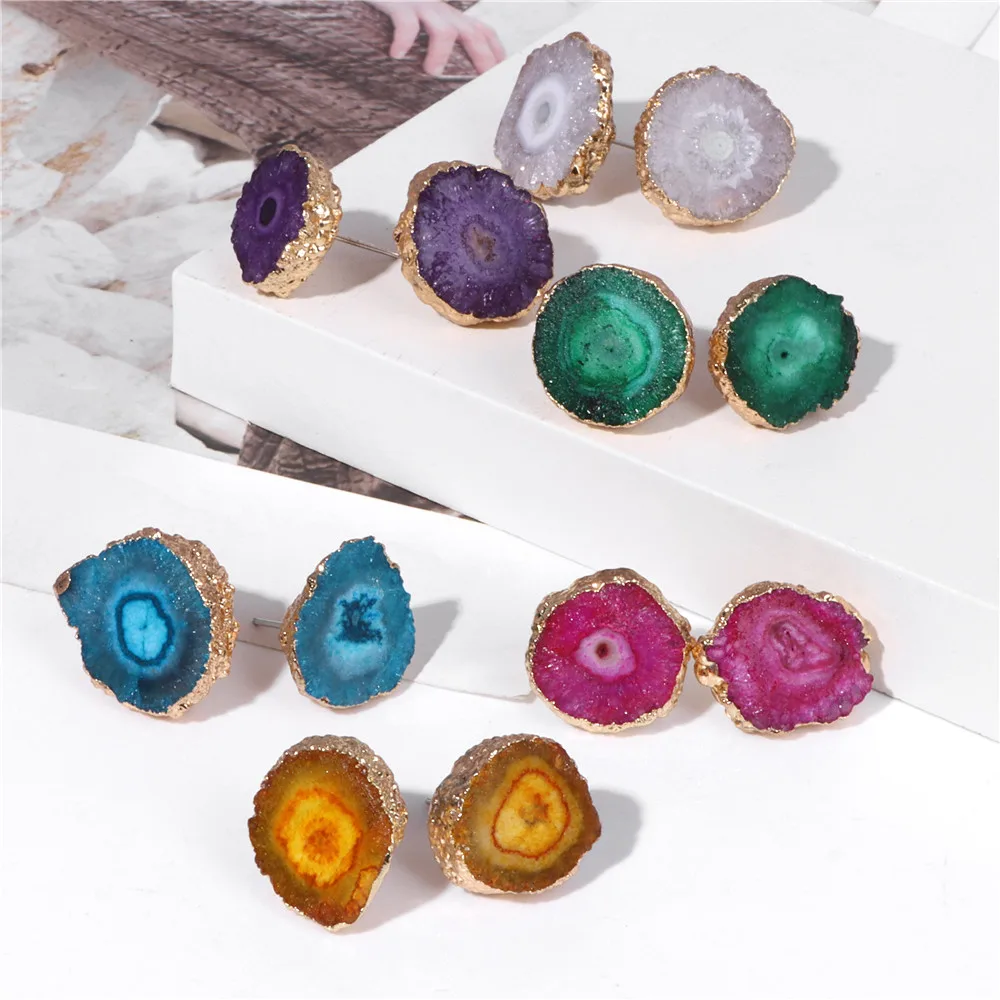 Irregular Ear Studs Women's Natural Druzy Agates Crystal Earrings Mineral Stud Earrings Gold Color Charm Ear For Girl Jewelry