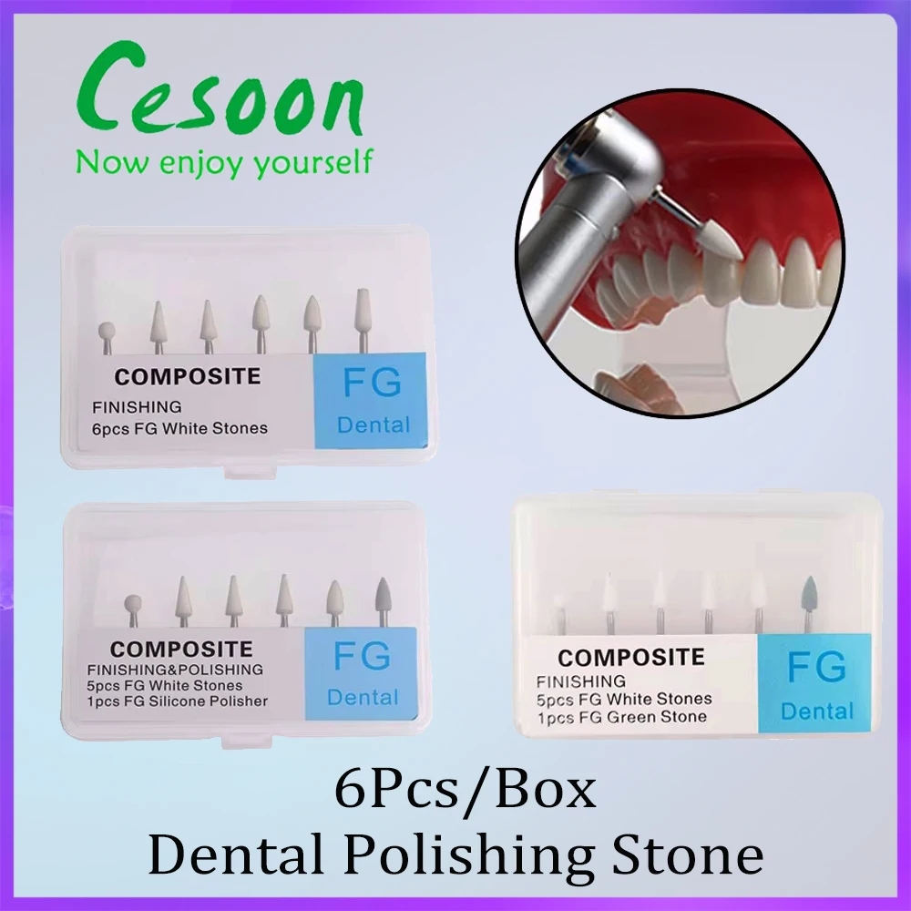 6Pcs Dental White Stone Polishing Grinding Head Porcelain Tooth Resin Repair FG Burs For High Speed Handpiece Shank Dia1.6mm