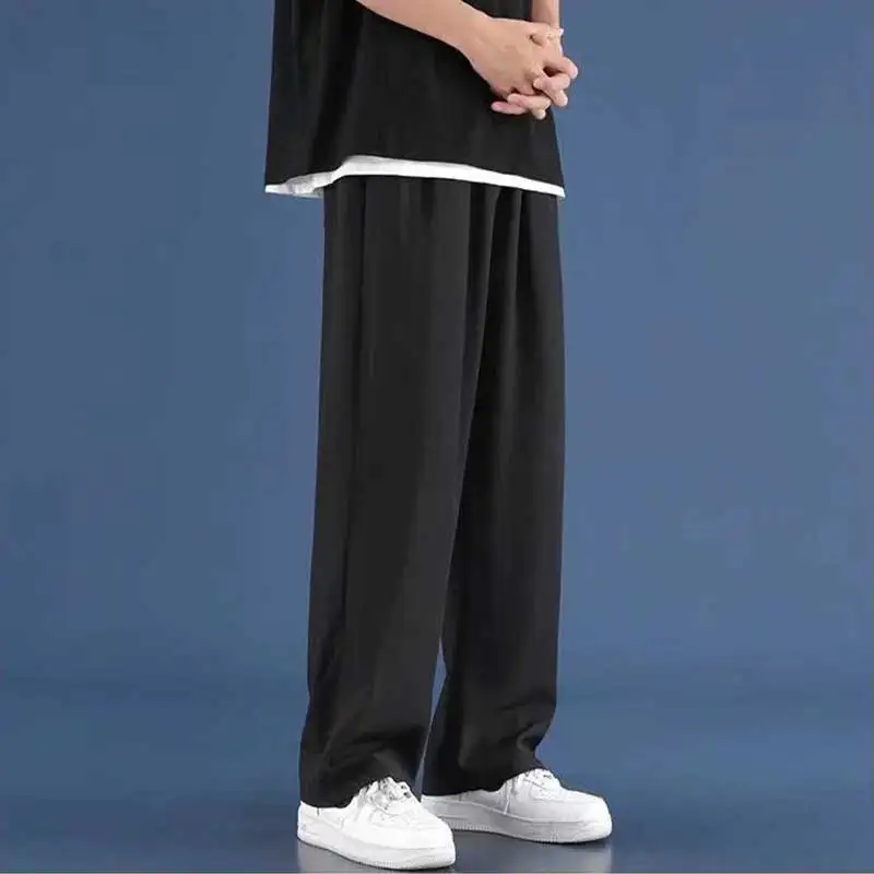 Ice silk casual pants men's straight tube loose summer thin design, hanging feeling wide leg quick drying sports long pants men'