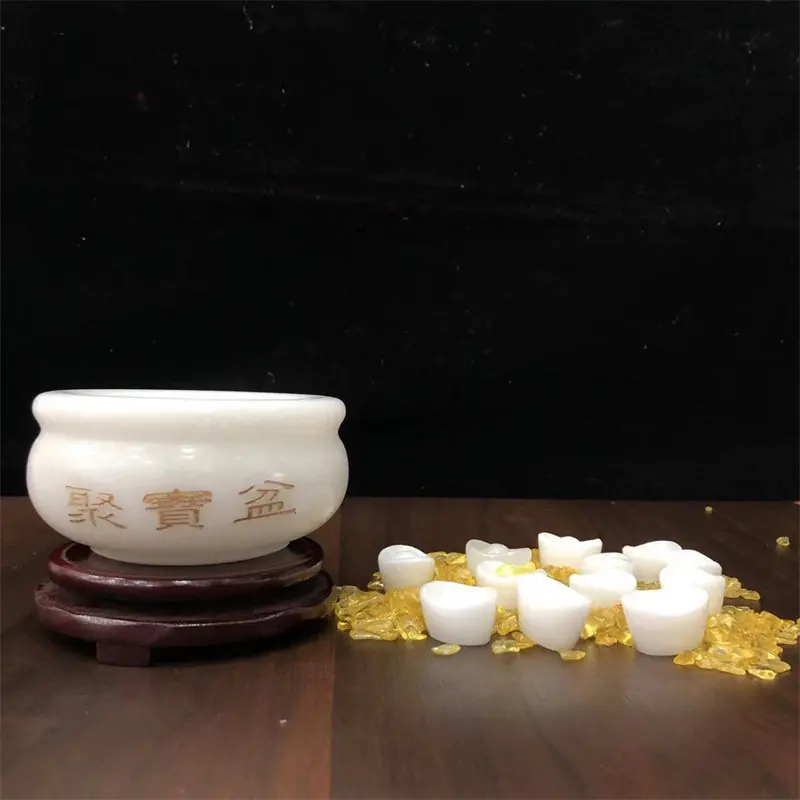 Natural white jade treasure bowl ornament, fortune-bringing ingot mascot, housewarming cash counter decoration, shop opening gif