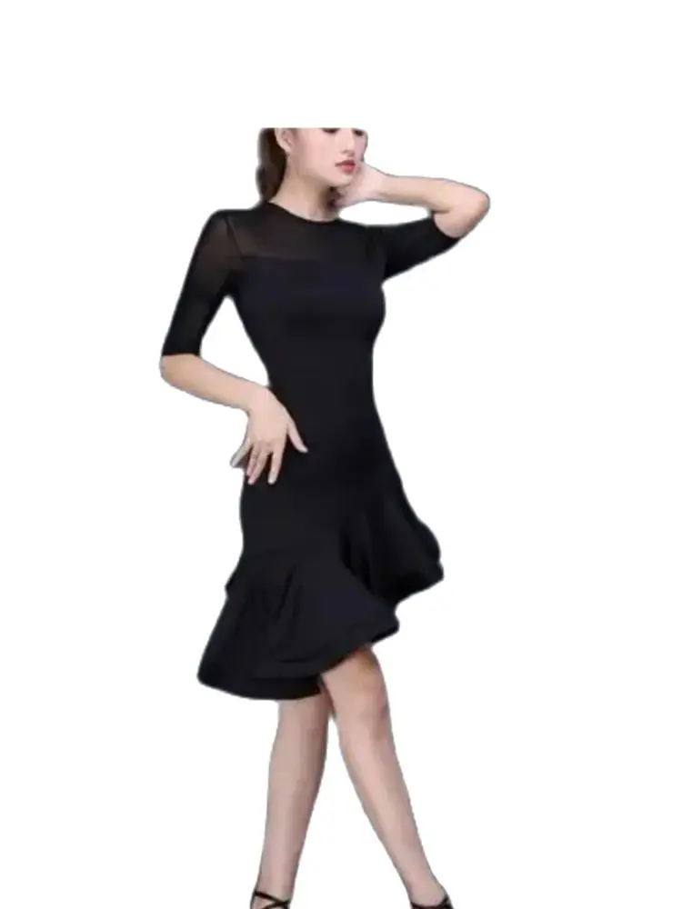 1pcs/lot woman solid latin dress female casual ruffles performance dress  Ballroom tango Cha Cha Rumba Costumes 2colors