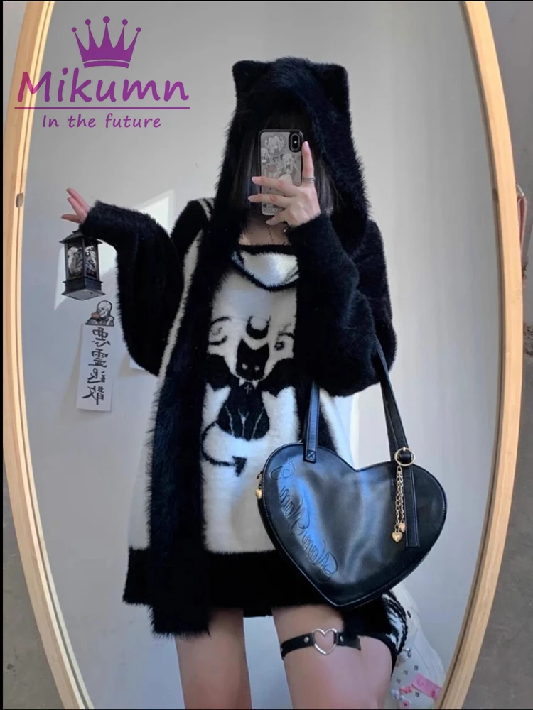 Harajuku Gothic Y2k Cute Cartoon Devil Cat Black Sweater With Cat Ear Scarf Hooded Women Knitted Pullover Winter Warm Streetwear