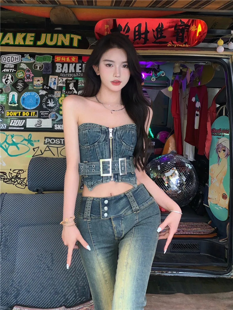 Women's Summer New Style Korean Denim Tube Top Ins Super Hot Heavy Industry Washed Pant Female Two-Piece Suit/Sets