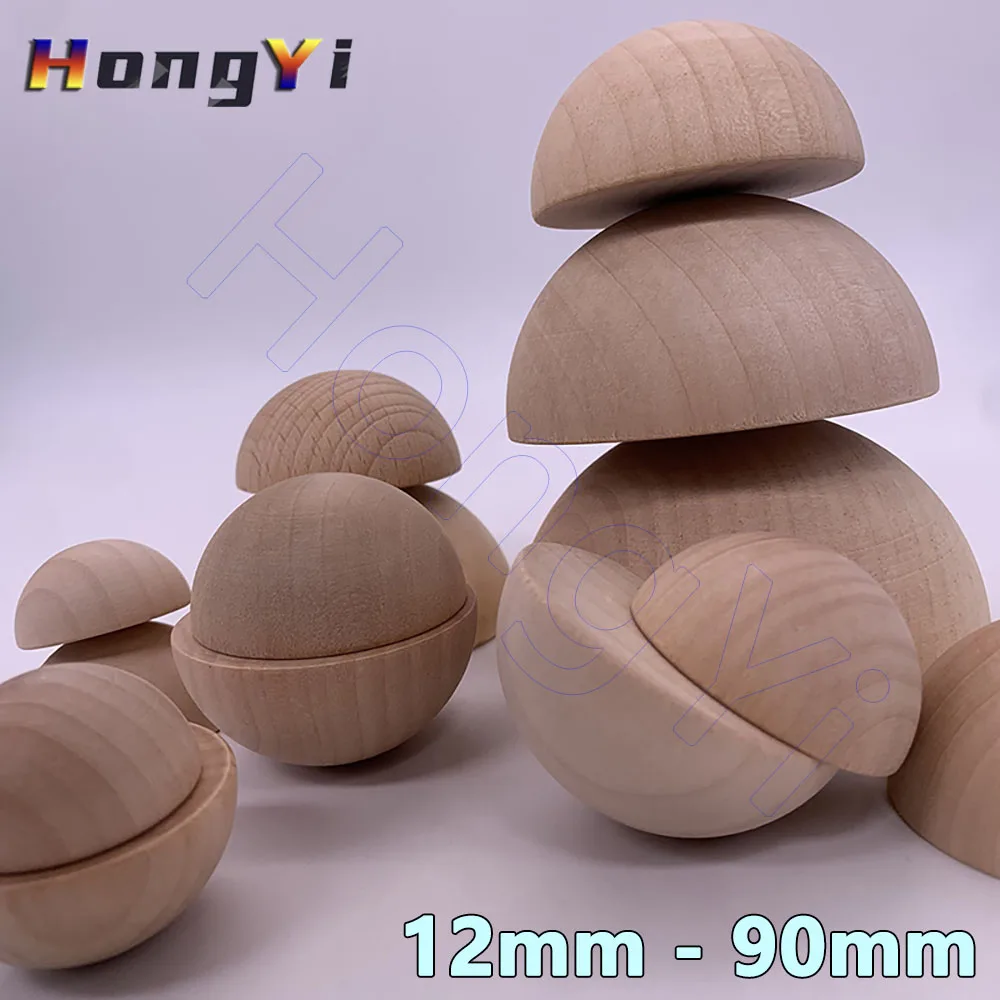 Split Wood Balls Unfinished Half Wooden Ball Natural Half Craft Beads for DIY Craft Projects Jewelry Making Arts Design 12-90mm