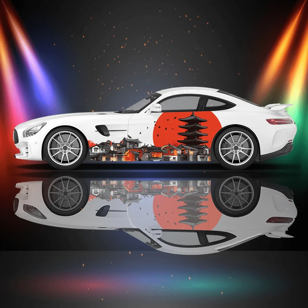 

Japanese style tower red cherry blossom sticker full body floral decoration covering scratches protect car sticker waterproof ca