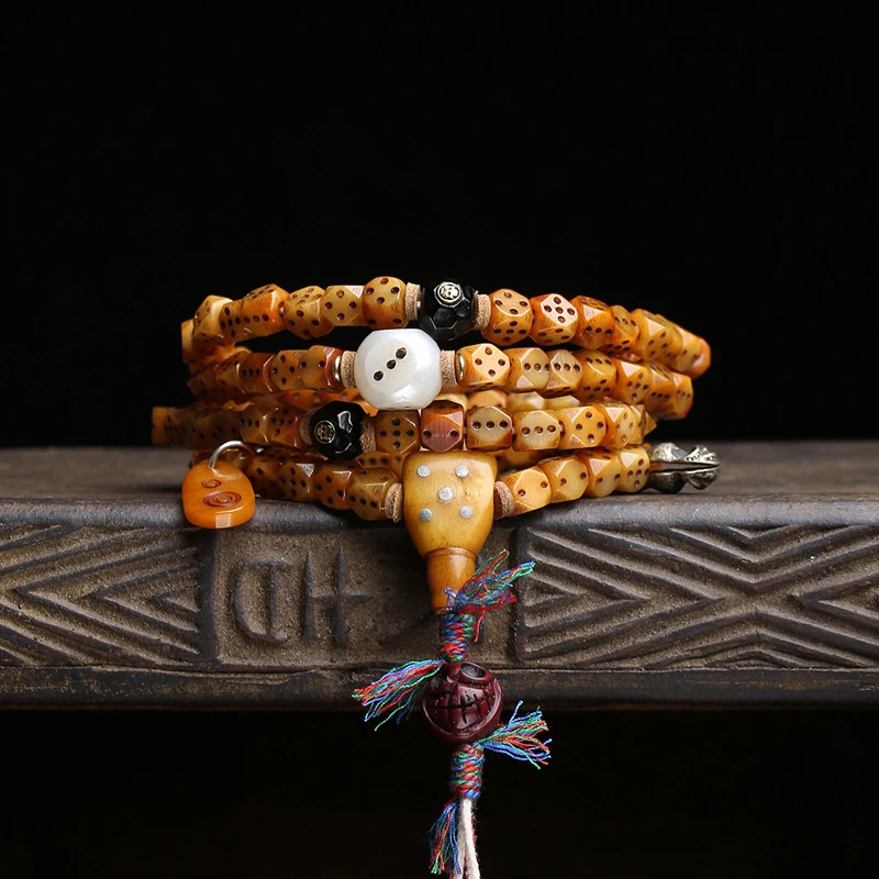 Traditional Yak 108 Bead Rosary, Dice Agate, Copper Mala, Bone Beads