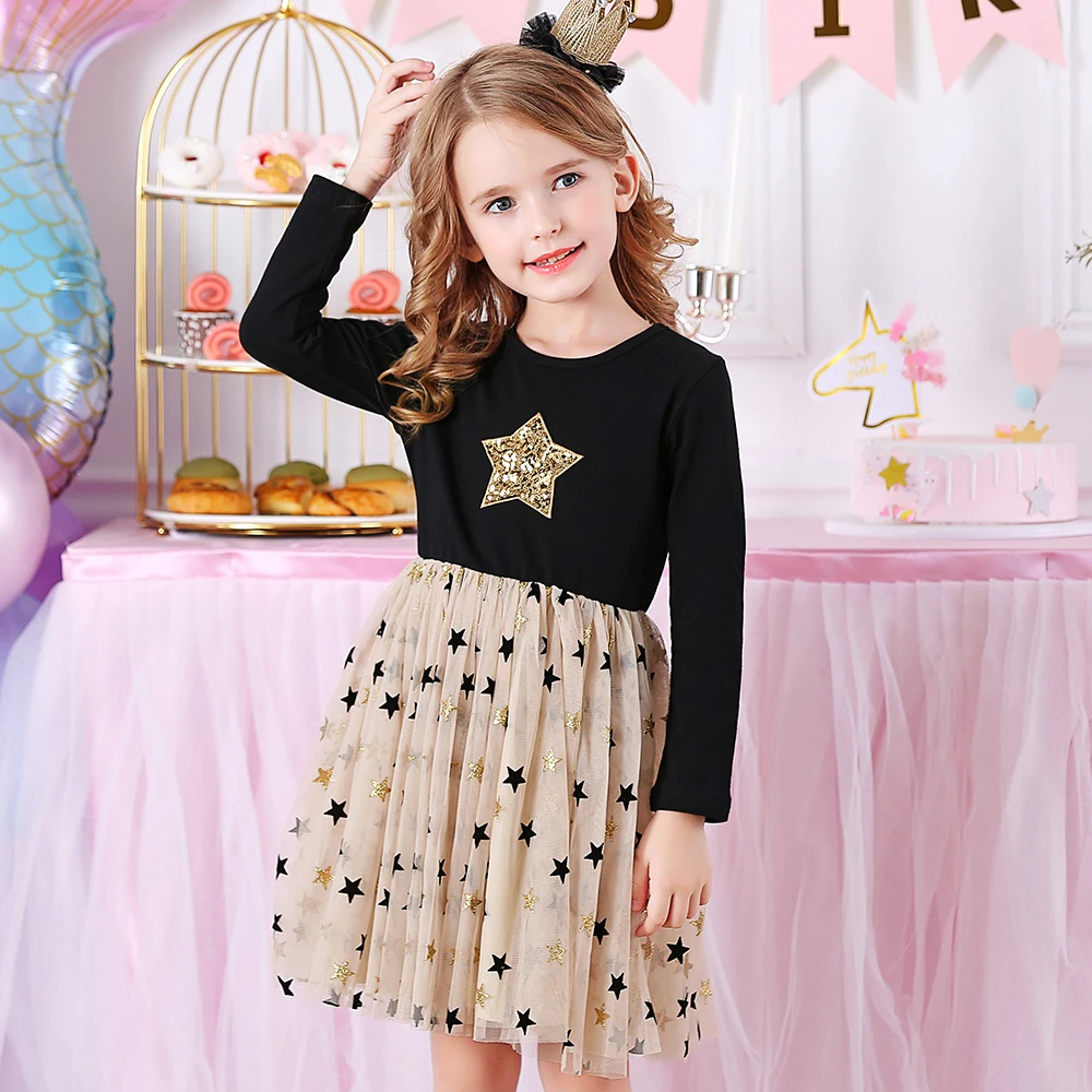 VIKITA Kinder Herbst Kleider für Mädchen Stern Pailletten Prinzessin Kleid Mädchen Langarm Party Vestidos Mädchen Kleid Kinder Kleidung – Detail 2