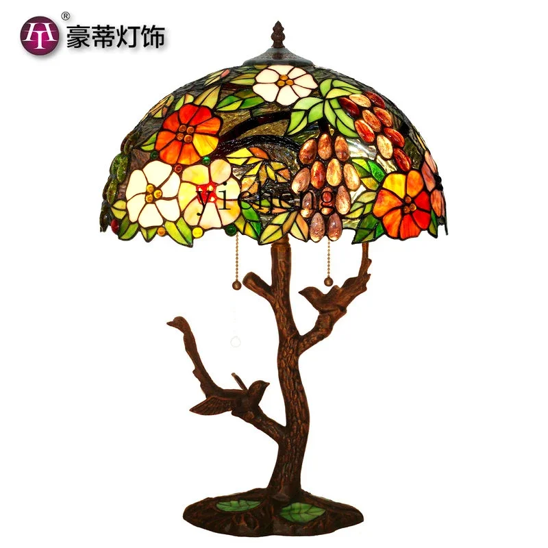 

Yy17-Inch Country Style Living Room Bedroom Study Grape Colored Glass Magpie Table Lamp