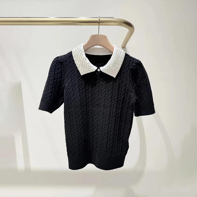 

Французский вязаный свитер с жемчугом Embellied, ажурный свитер ort Sve Crew Ne для женщин, весна, начало 2026, повседневная одежда