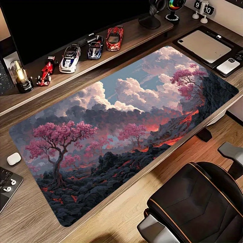 Volcano Cherry Blossom Fantasy Large Gaming Mouse Pad Durable Rubber Desk Mat for Office Gaming Setup