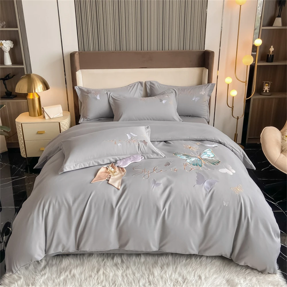 

Butterfly Embroidery Four-Piece Sets Luxury Single Double Bedding Set Soft Duvet Cover Set Bed Sheet Pillowcases Bedroom Decor