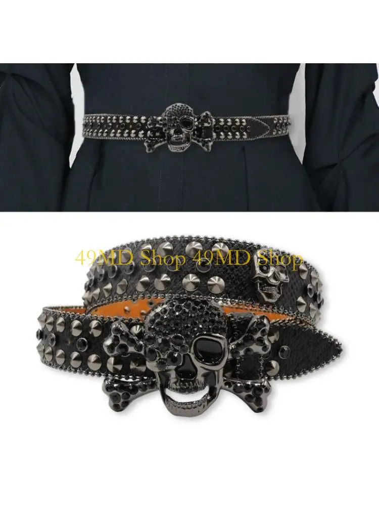 49MD Popular Skull Buckle Belt for Adult Rhinestones Rivet Belt All Matching Blingbling Western Belt for Daily and Club