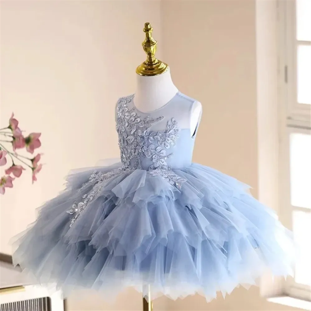 Cute Flower Girl Wedding Dress Sleeveless Appliques Tiered Girls Birthday Party Dress Princess Piano Performance Banquet Gown