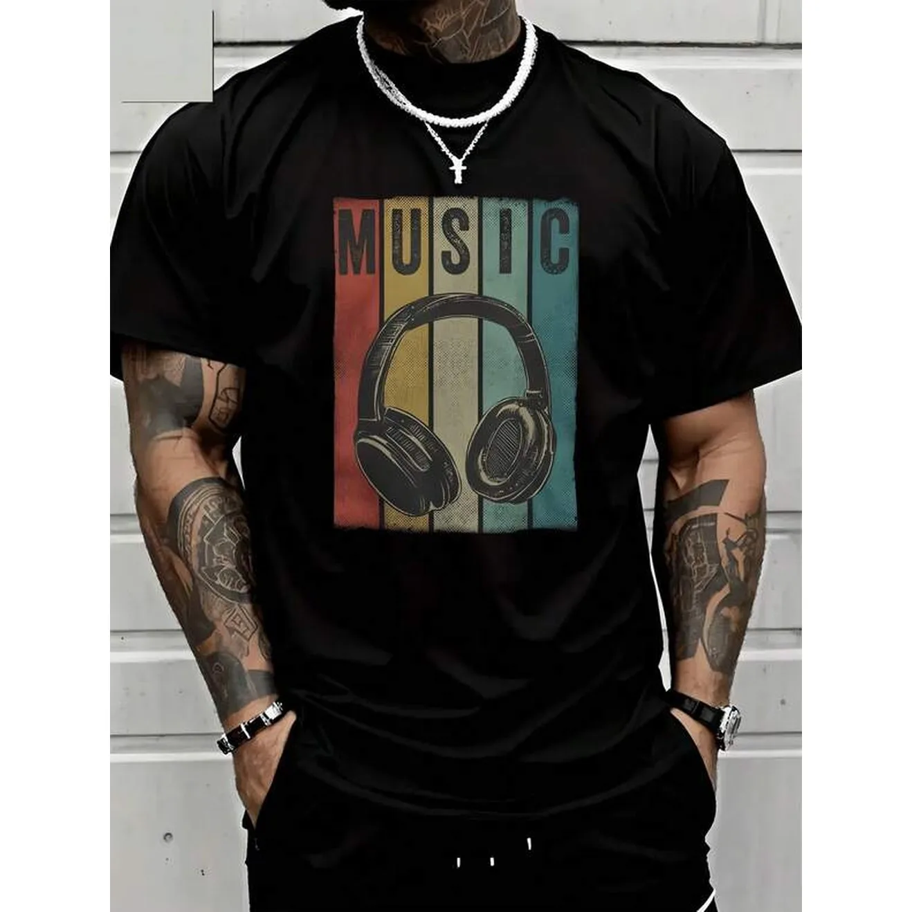 Men's Black Retro Music Headphone Graphic Cotton Tee, Crew Neck Medium Stretch Regular Fit Short Sleeve Casual Top For Boys & Men