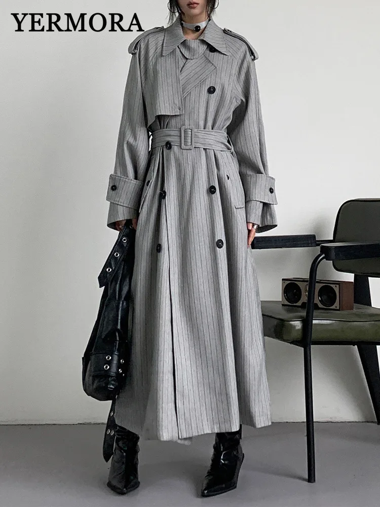 YERMORA Gray Striped Belted Button Casual Trench Lapel Long Sleeve Women New Windbreaker Fashion Tide Spring Autumn 2025 A888