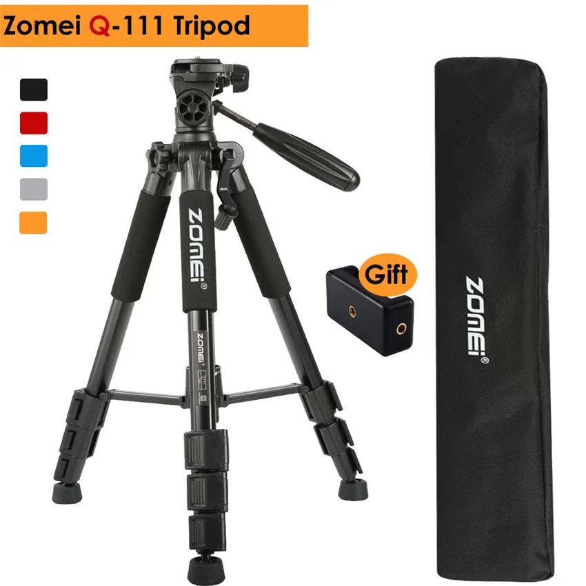 Q111 Professional Aluminum Alloy Camera Portable Travel Tripod Pan Head for Canon Nikon SLR Gift Strap & Phone Holder