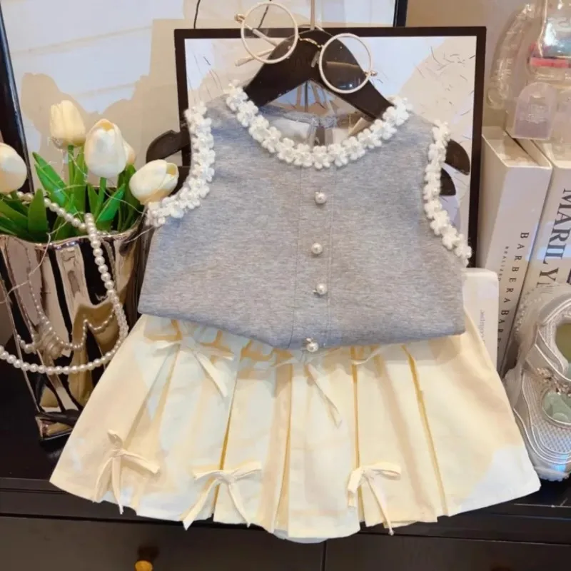 

TOY-Girls' Sweet Socialite Style Set Summer New Children's Lace Trim Vest Pleated Skirt Fashionable Two-Piece Set Trendy