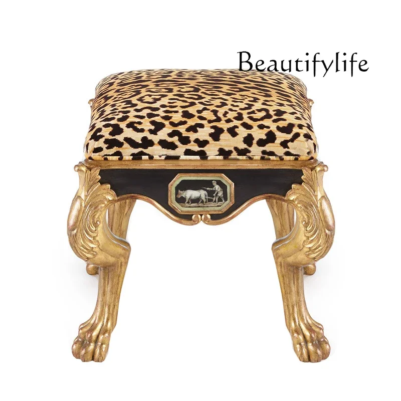 American European shoe changing stool full solid wood carving flower gold bedside shoe stool bedside fabric fashion