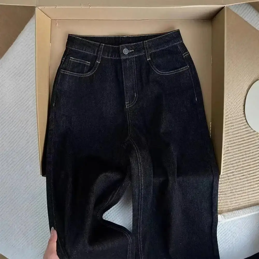 Jeans a gamba larga da donna a vita alta pantaloni larghi retrò con stampa leopardata scura pantaloni lunghi dritti a blocchi di colore primavera alla moda