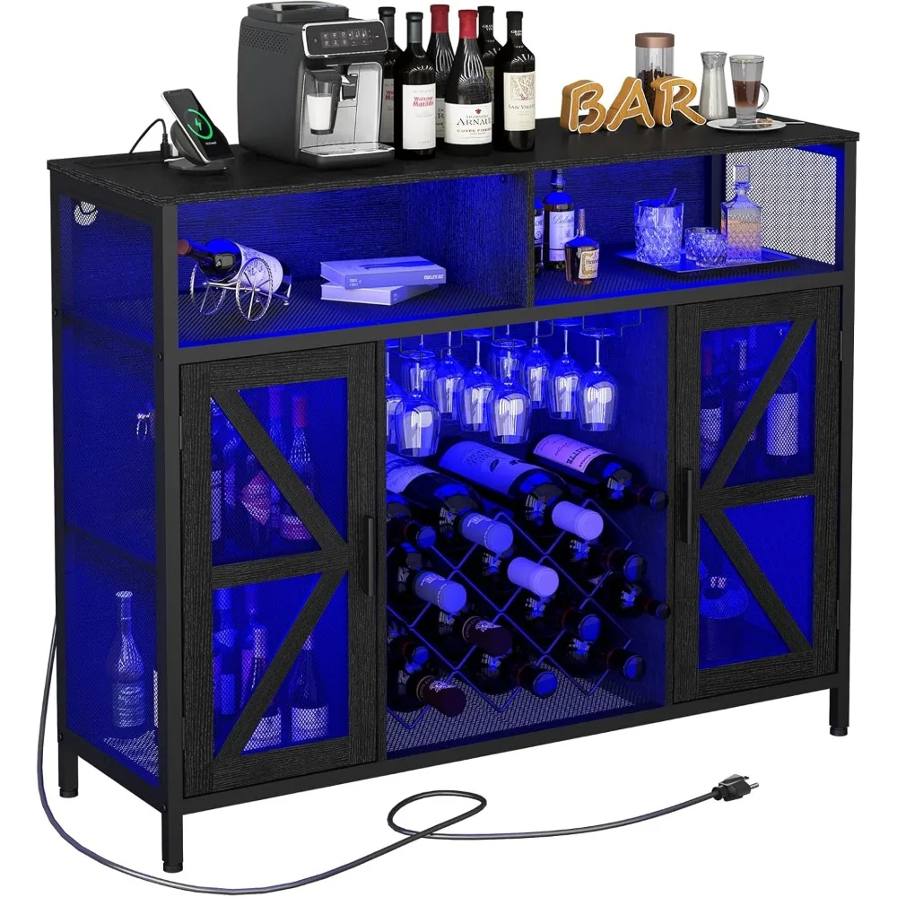 XXL LED Wine Cabinet Home Bar Cabinets with Power Outlets, Coffee Bar Cabinet Liquor Cabinet for Glasses