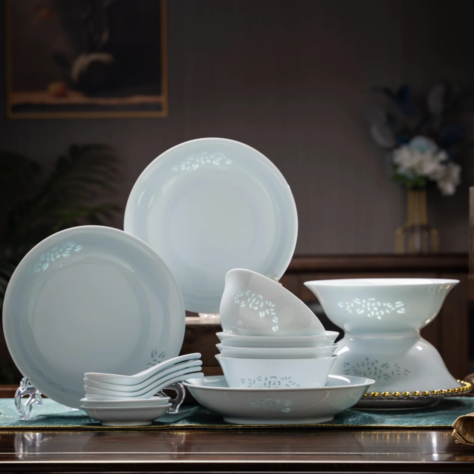 

Custom Link LIANHUA POTTERY Linglong Celadon Ceramic （Porcelain Only, Not Bone China) Tableware Set