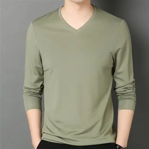 Stylish Trendy Comfortable V-neck Men\'s T-shirts Fashionable Long Sleeve Tops Cool Ice Silk Slim-fit Breathable Base Layer Shirt