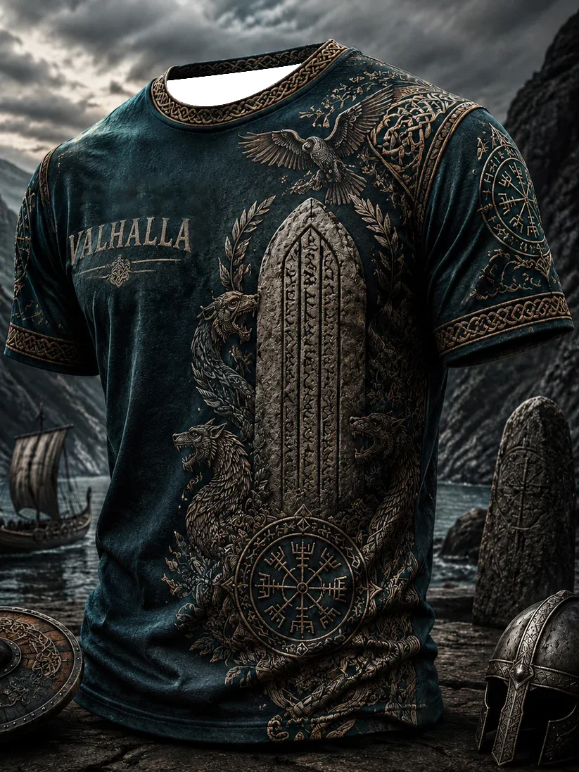 2027 Summer New Style Outdoor Men's Retro Danish Viking Style 3D Printed Breathable Quick-Drying T-Shirt Family Size Shirt Kids